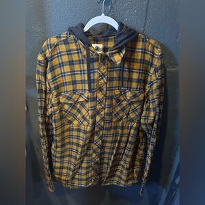 Element Mustard and Black Plaid Hooded Flannel Button Up
